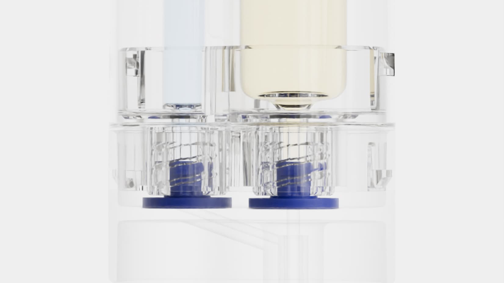 Inside a CoFlo device: the sheath fluid and drug cartridges seated side by side in their hubs