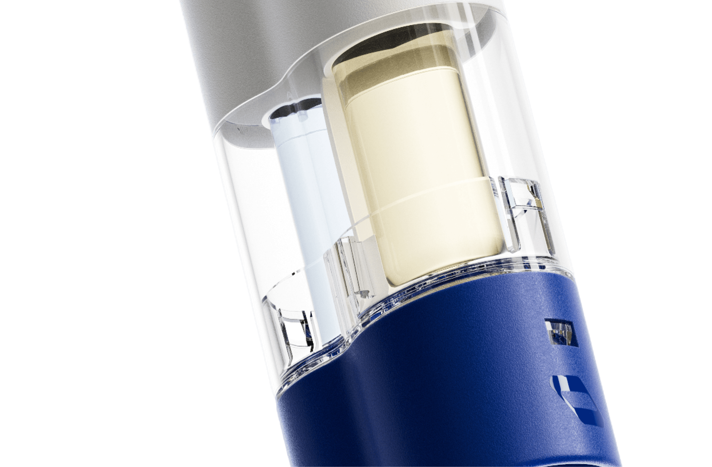 Close-up of the CoFlo cartridge window, showing the sheath fluid reservoir beside the drug reservoir