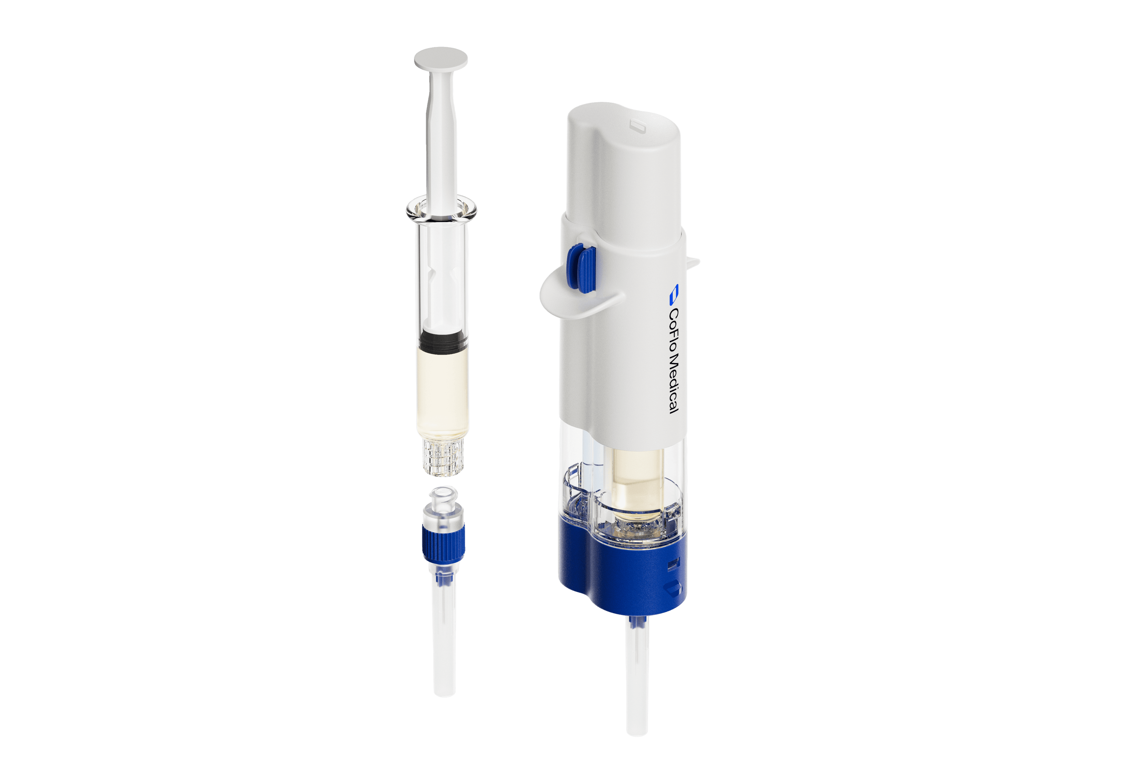 The CoFlo Gen One syringe with its hub, beside the double barrel autoinjector with its CO-AXL Hub