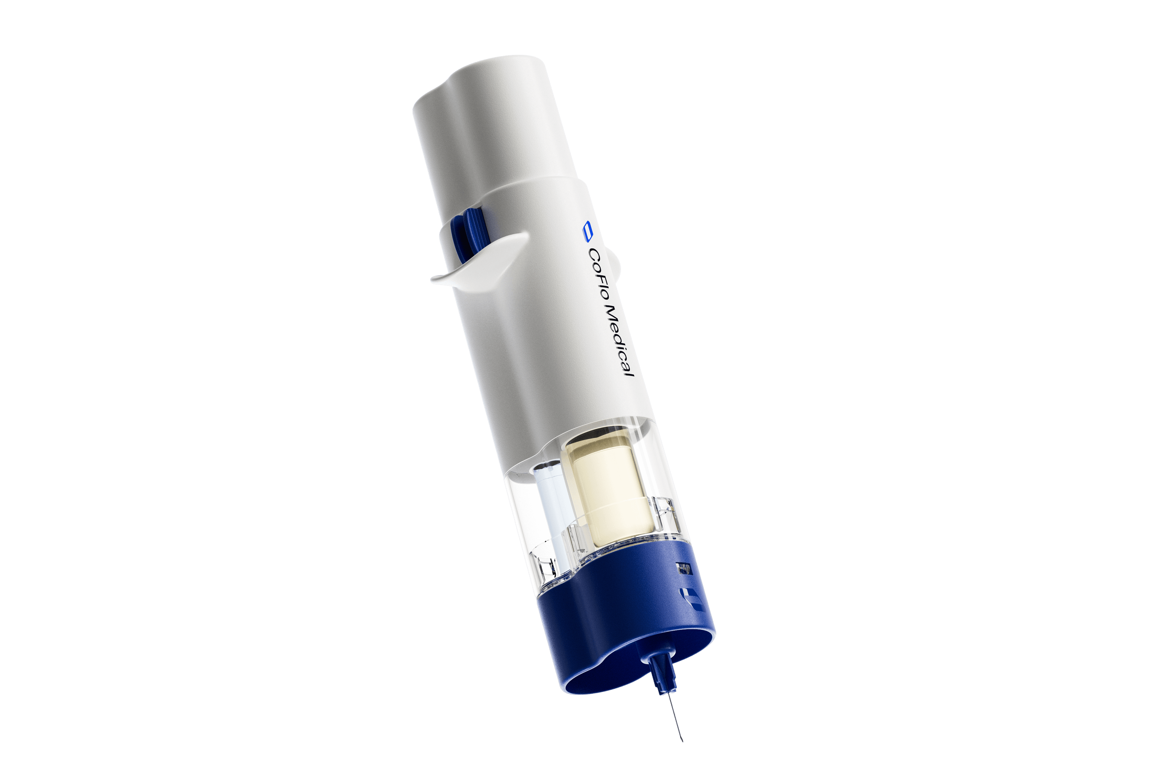 The CoFlo autoinjector, with its sheath fluid and drug cartridges visible through the window