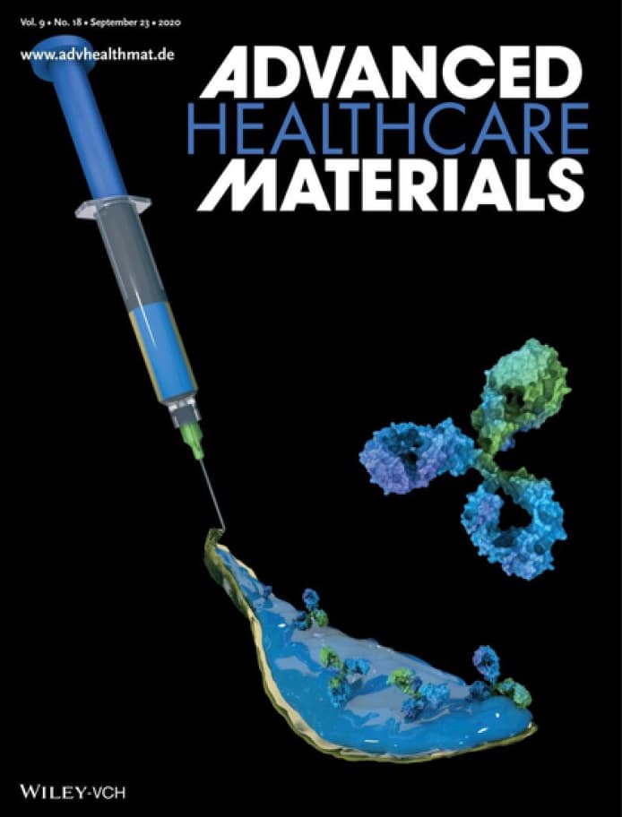 Illustration of a needle releasing a viscous drug beside antibody molecules