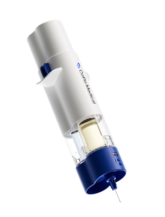 The CoFlo autoinjector with its needle, on a light gray background