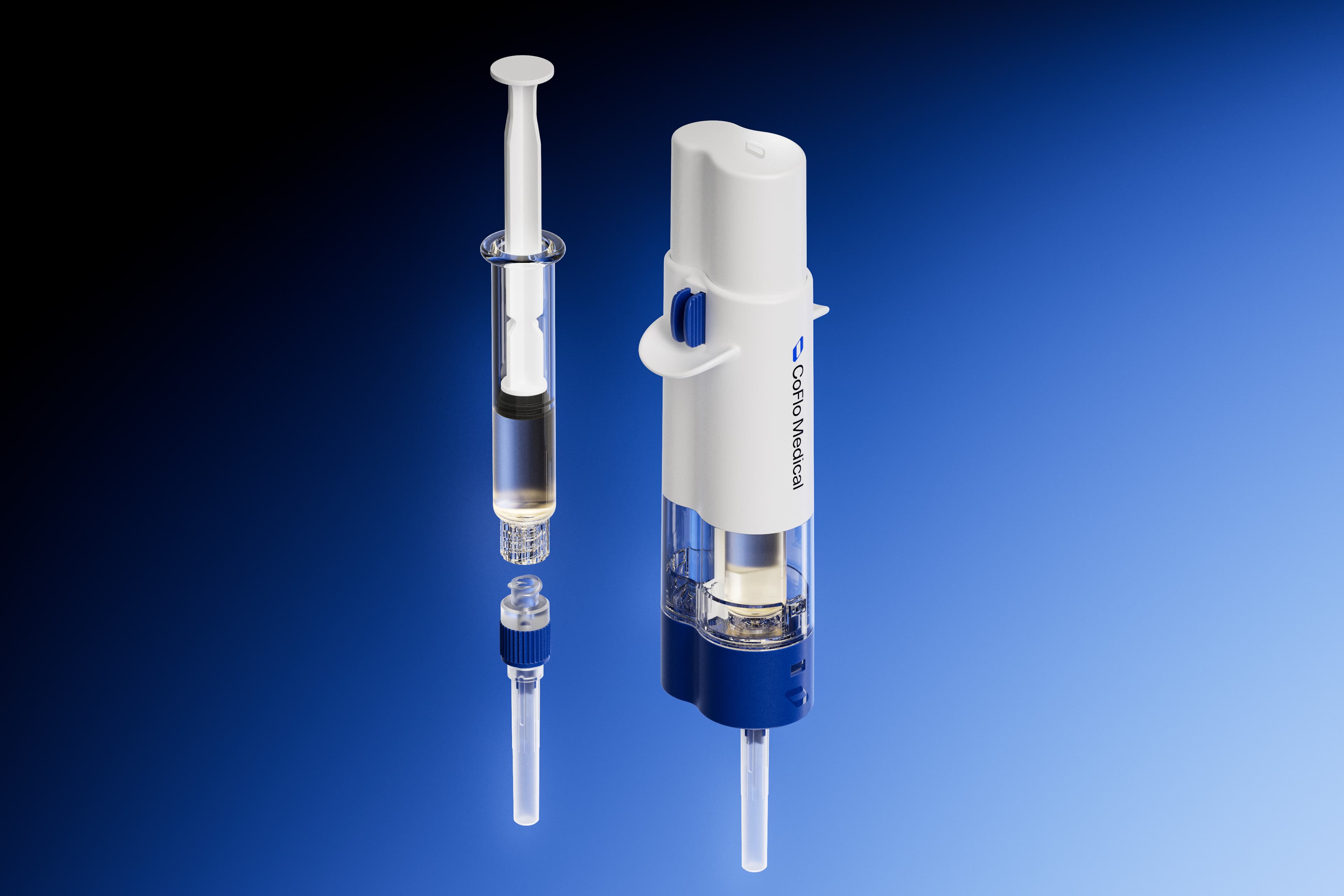 The CoFlo Gen One syringe and double barrel autoinjector on a blue gradient